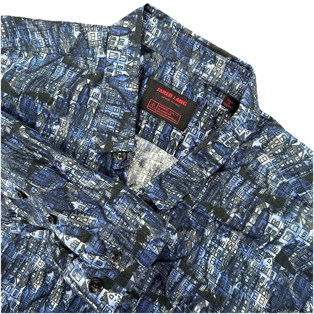 Jared Lang Mens Casual Button Up Dress Shirt Size L Slim Fit Blue Design